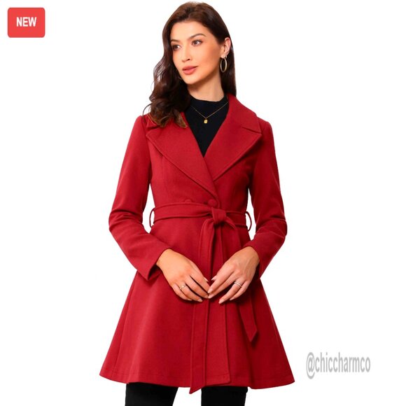 Long Wool Pea Coat with Belt Shawl Lapel Trench Overcoat Women's